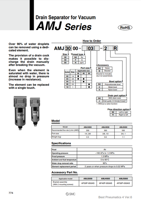 [SMC Pneumatics]Drain Separator AMJ3000-03B-6R