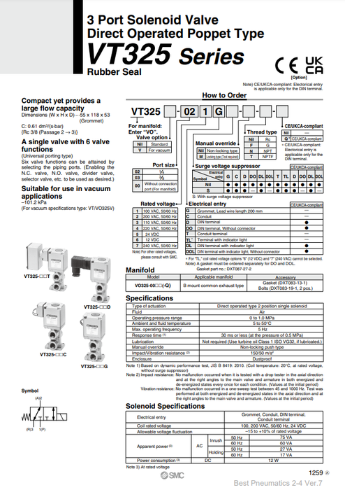 [SMC Pneumatics]Solenoid Valve VT325V-035G