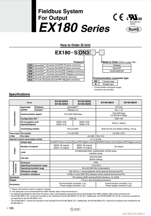 [SMC Pneumatics]Fieldbus System EX180-SMJ3A