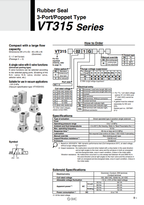 [SMC Pneumatics]Solenoid Valve VT315-025DL