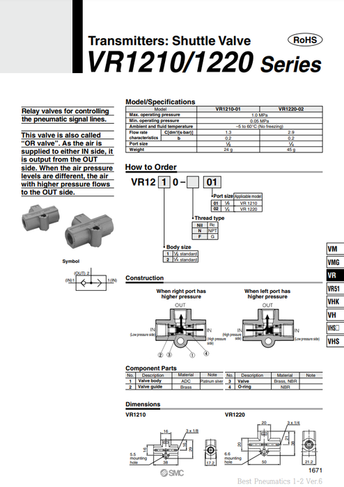 [SMC Pneumatics]Shuttle Valve VR1210-01