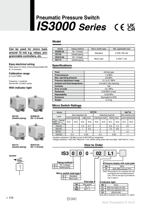 [SMC Pneumatics]Pneumatic Pressure Switch IS3000-02