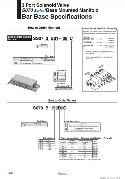 [SMC Pneumatics]Manifold SS073B01-10C