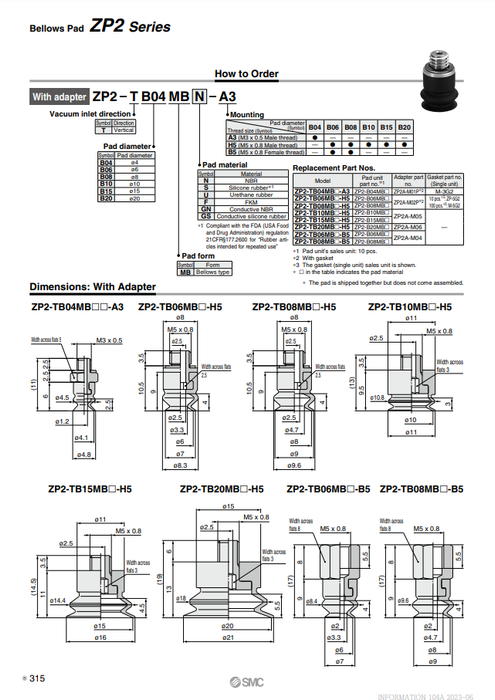 [SMC Pneumatics]Vacuum Pad ZP2-TB20MBS-H5